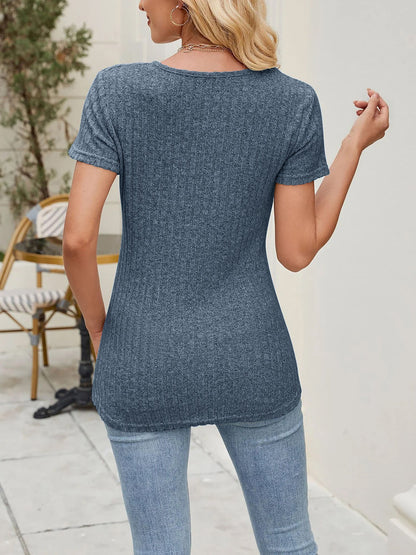 Classic Solid Color Round Neck Timeless Button Front Design Short Sleeve Casual Blouse