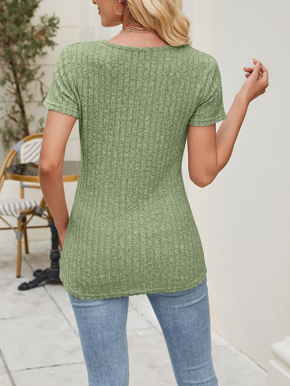 Classic Solid Color Round Neck Timeless Button Front Design Short Sleeve Casual Blouse