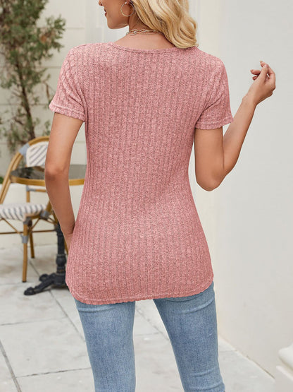 Classic Solid Color Round Neck Timeless Button Front Design Short Sleeve Casual Blouse
