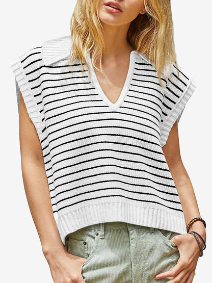 Collared V Neck Knitted Casual Striped Sweater