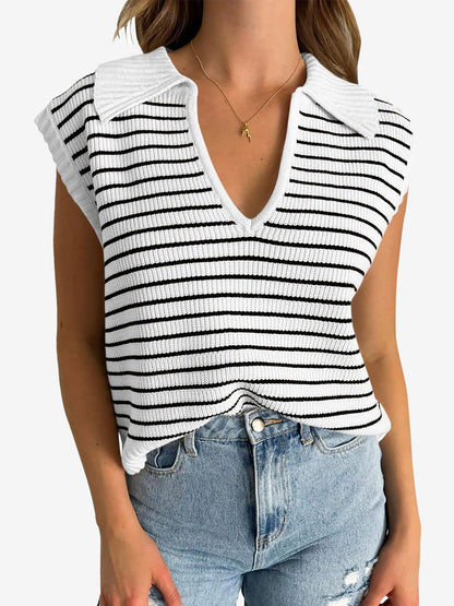 Collared V Neck Knitted Casual Striped Sweater