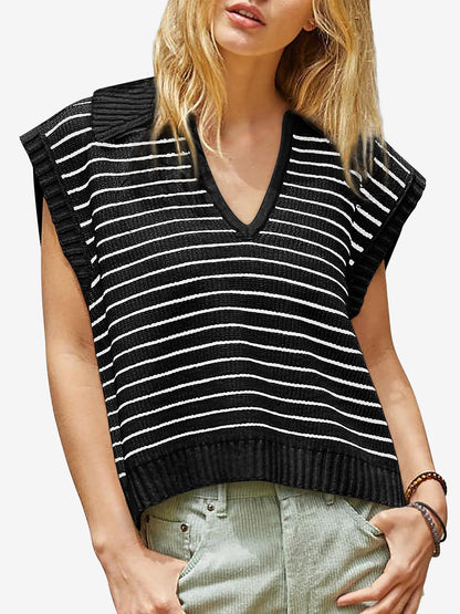 Collared V Neck Knitted Casual Striped Sweater