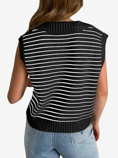 Collared V Neck Knitted Casual Striped Sweater