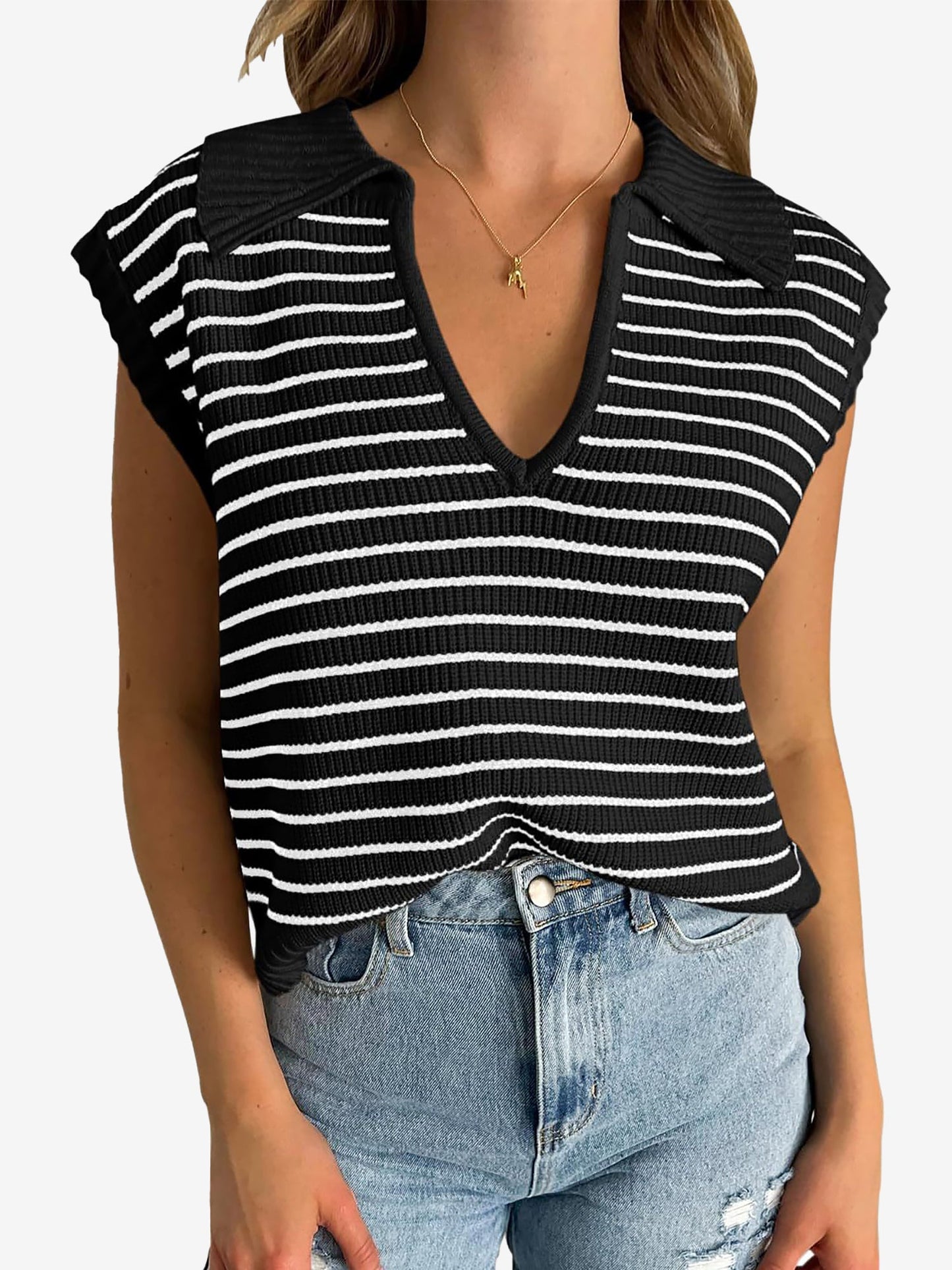 Collared V Neck Knitted Casual Striped Sweater