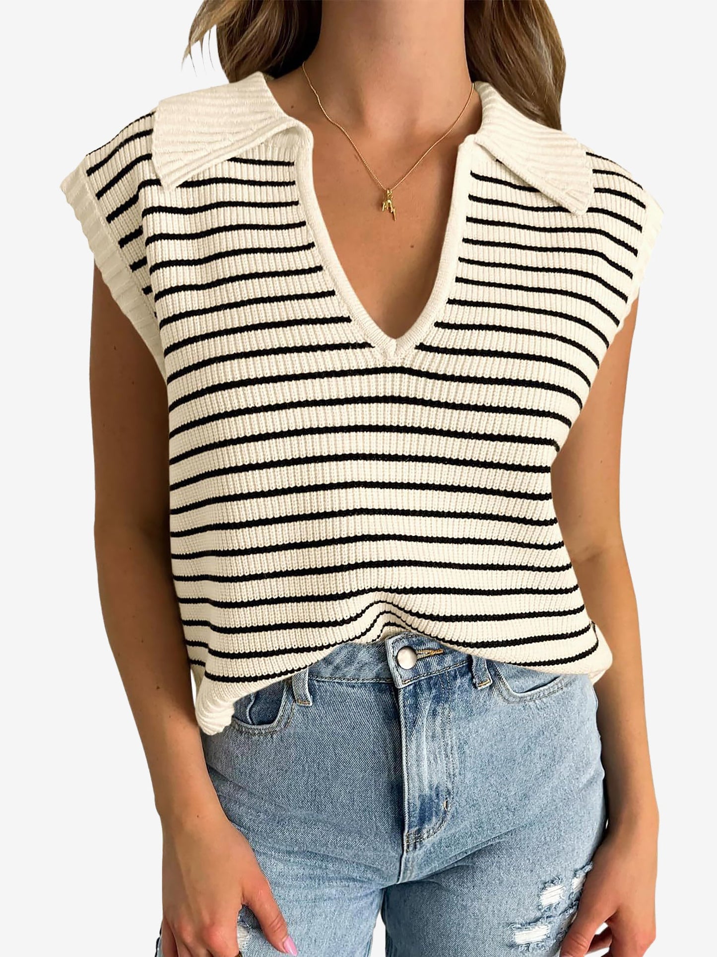 Collared V Neck Knitted Casual Striped Sweater