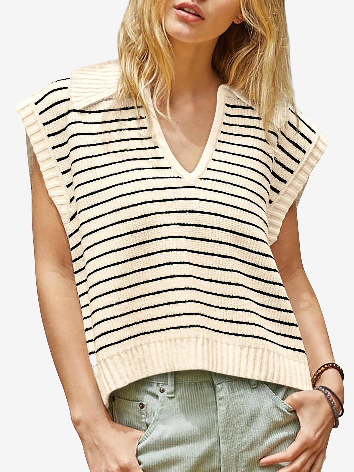 Collared V Neck Knitted Casual Striped Sweater