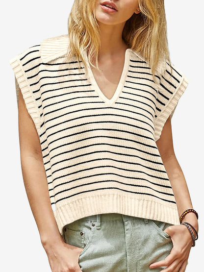 Collared V Neck Knitted Casual Striped Sweater