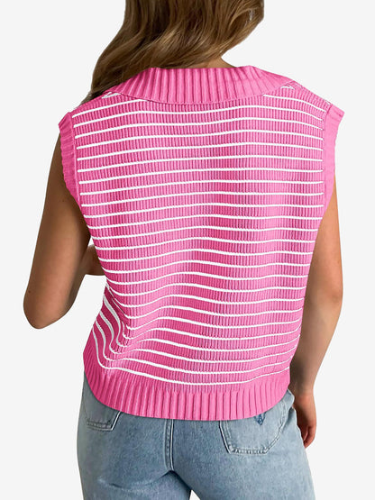 Collared V Neck Knitted Casual Striped Sweater