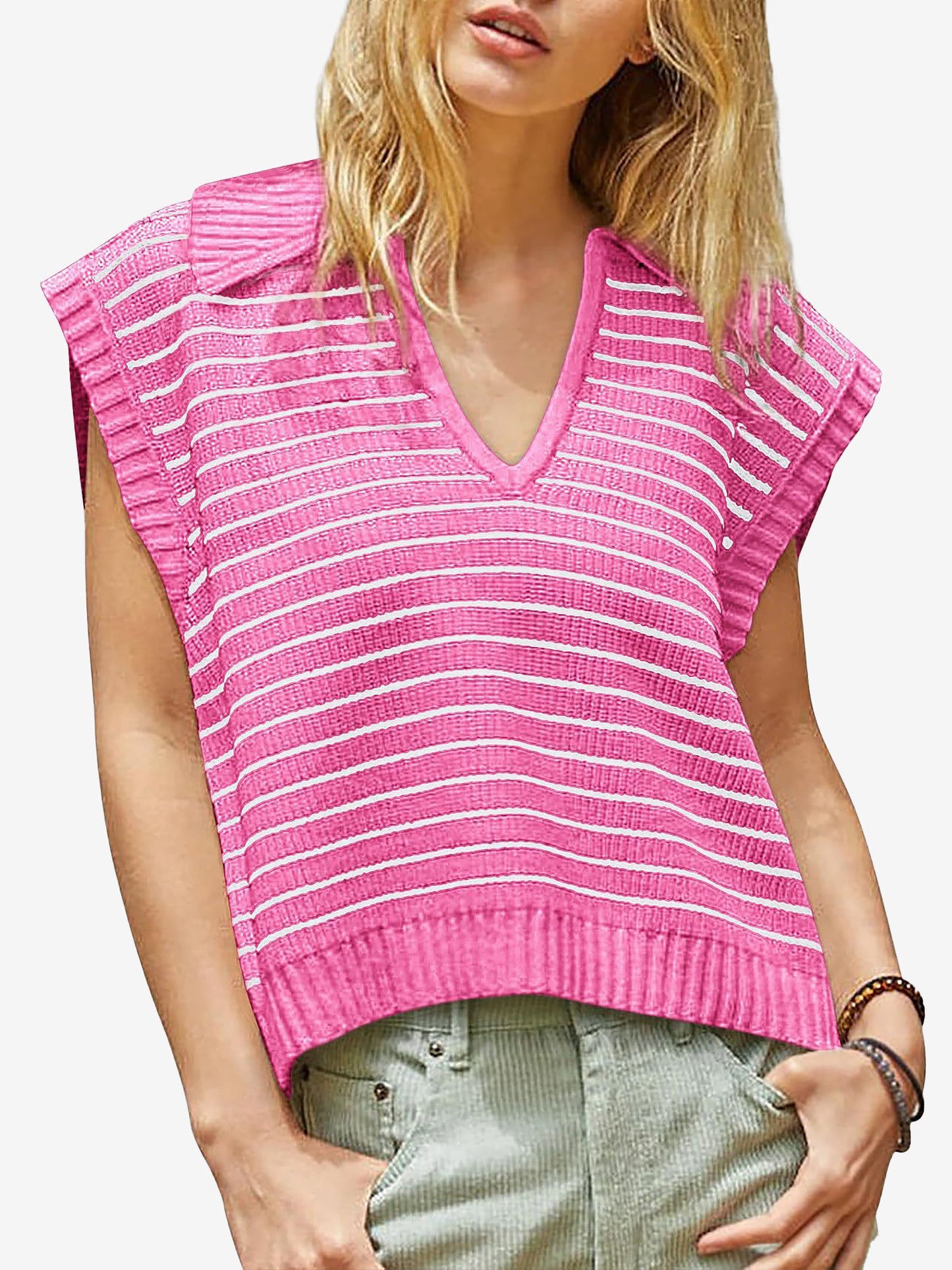 Collared V Neck Knitted Casual Striped Sweater