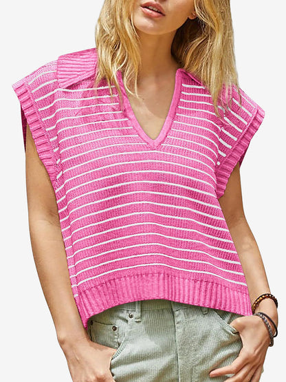 Collared V Neck Knitted Casual Striped Sweater