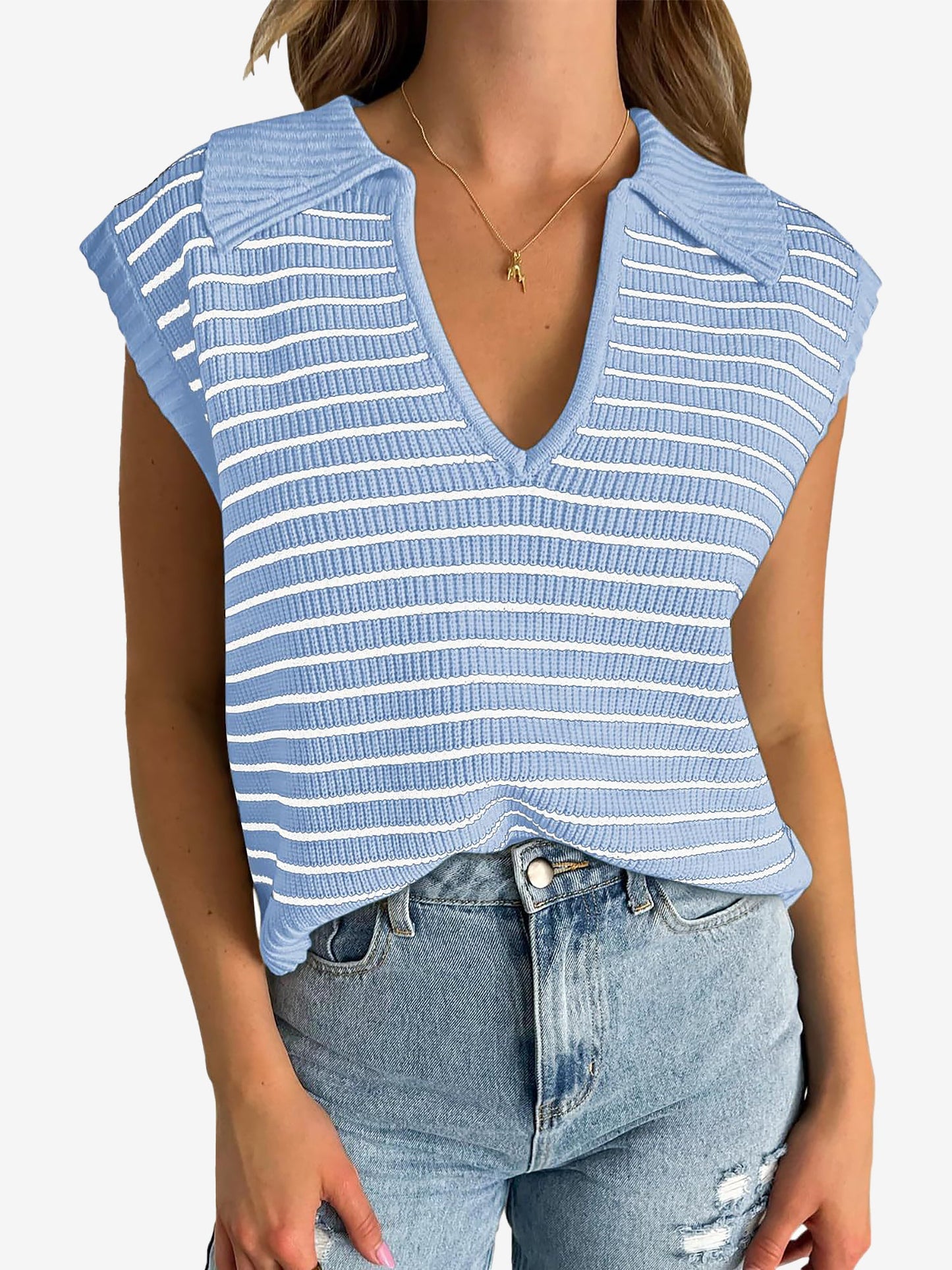 Collared V Neck Knitted Casual Striped Sweater