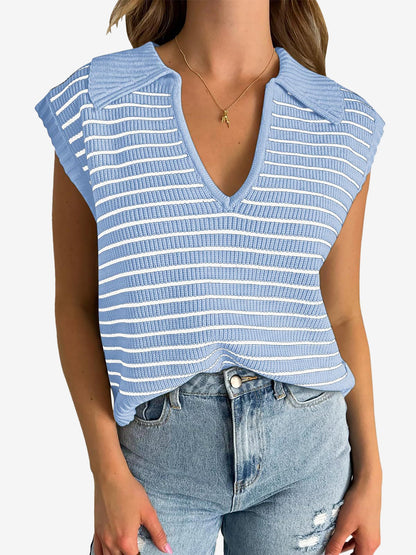 Collared V Neck Knitted Casual Striped Sweater