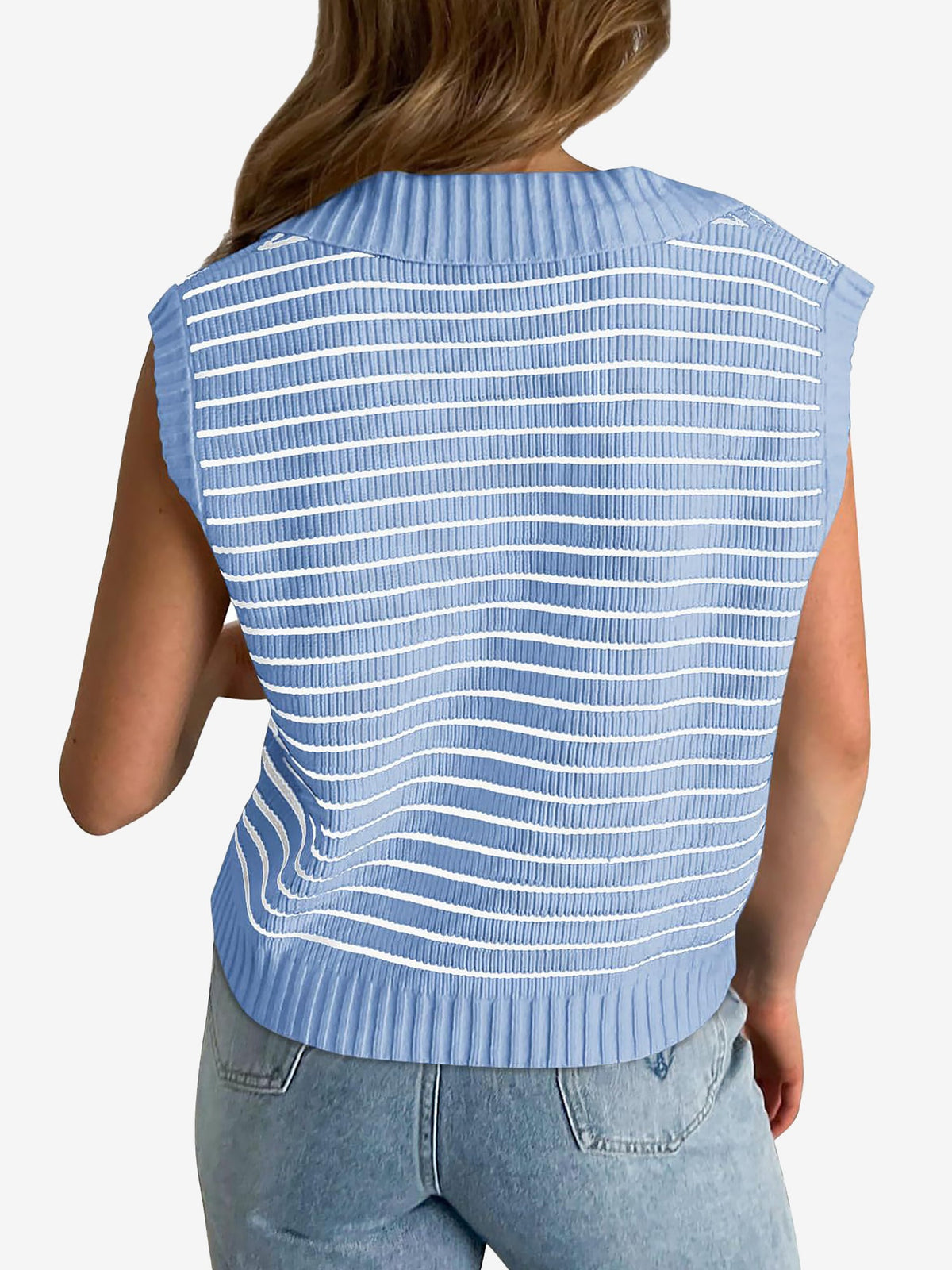 Collared V Neck Knitted Casual Striped Sweater