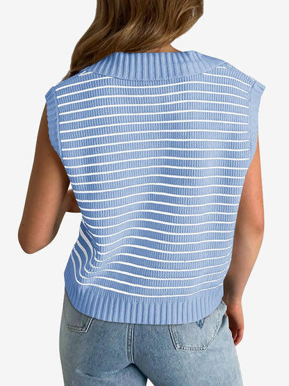 Collared V Neck Knitted Casual Striped Sweater