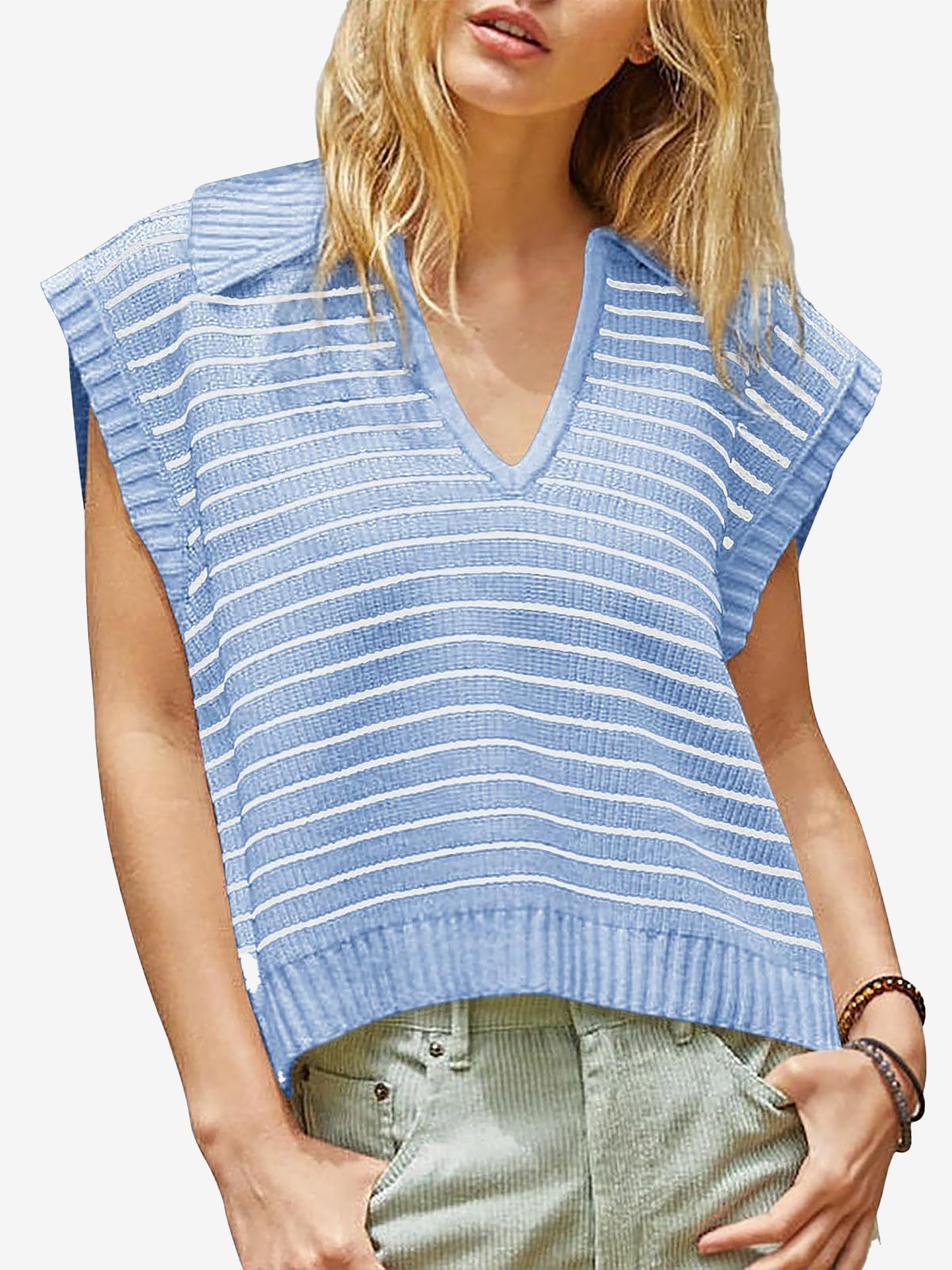 Collared V Neck Knitted Casual Striped Sweater