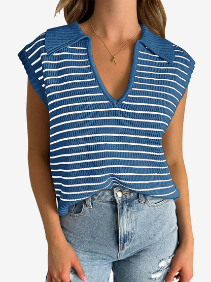 Collared V Neck Knitted Casual Striped Sweater