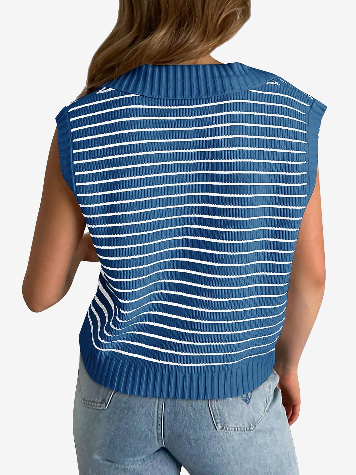 Collared V Neck Knitted Casual Striped Sweater