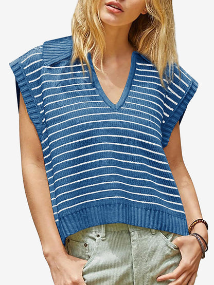 Collared V Neck Knitted Casual Striped Sweater