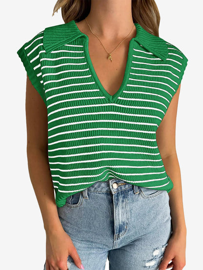 Collared V Neck Knitted Casual Striped Sweater