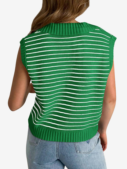 Collared V Neck Knitted Casual Striped Sweater