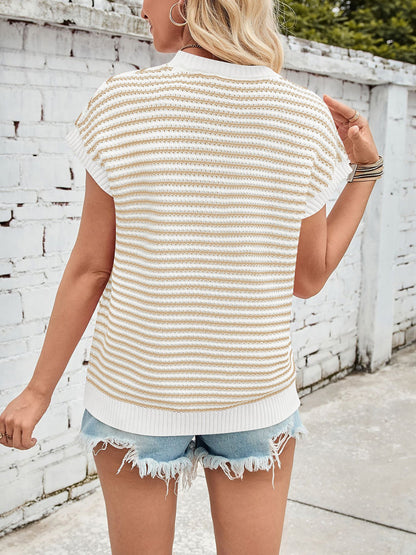 Striped Short Sleeve Round Neck Knitted Sweater