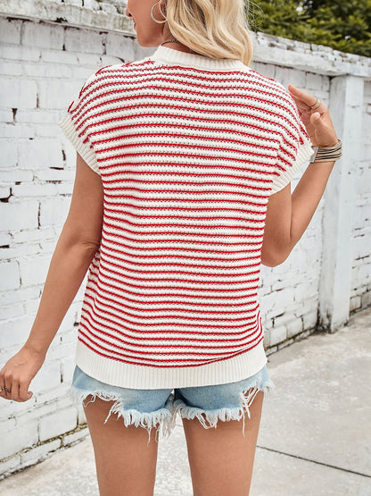 Striped Short Sleeve Round Neck Knitted Sweater