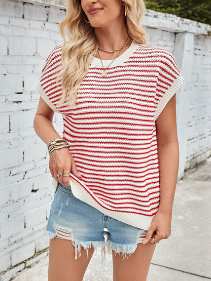 Striped Short Sleeve Round Neck Knitted Sweater