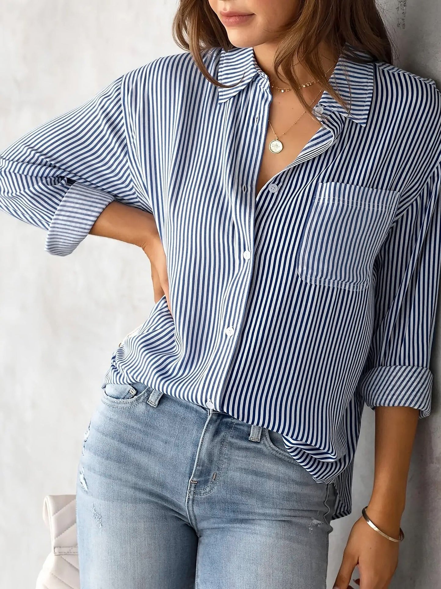 Classic Vertical Stripes Long Sleeves Buttoned Down Office Blouse