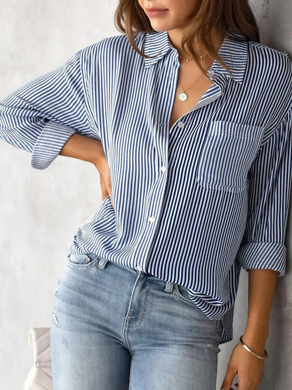 Classic Vertical Stripes Long Sleeves Buttoned Down Office Blouse