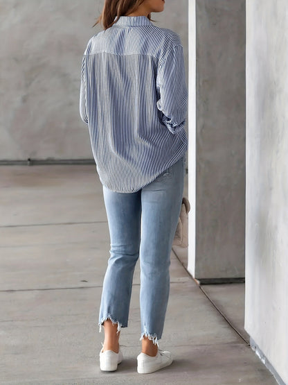 Classic Vertical Stripes Long Sleeves Buttoned Down Office Blouse
