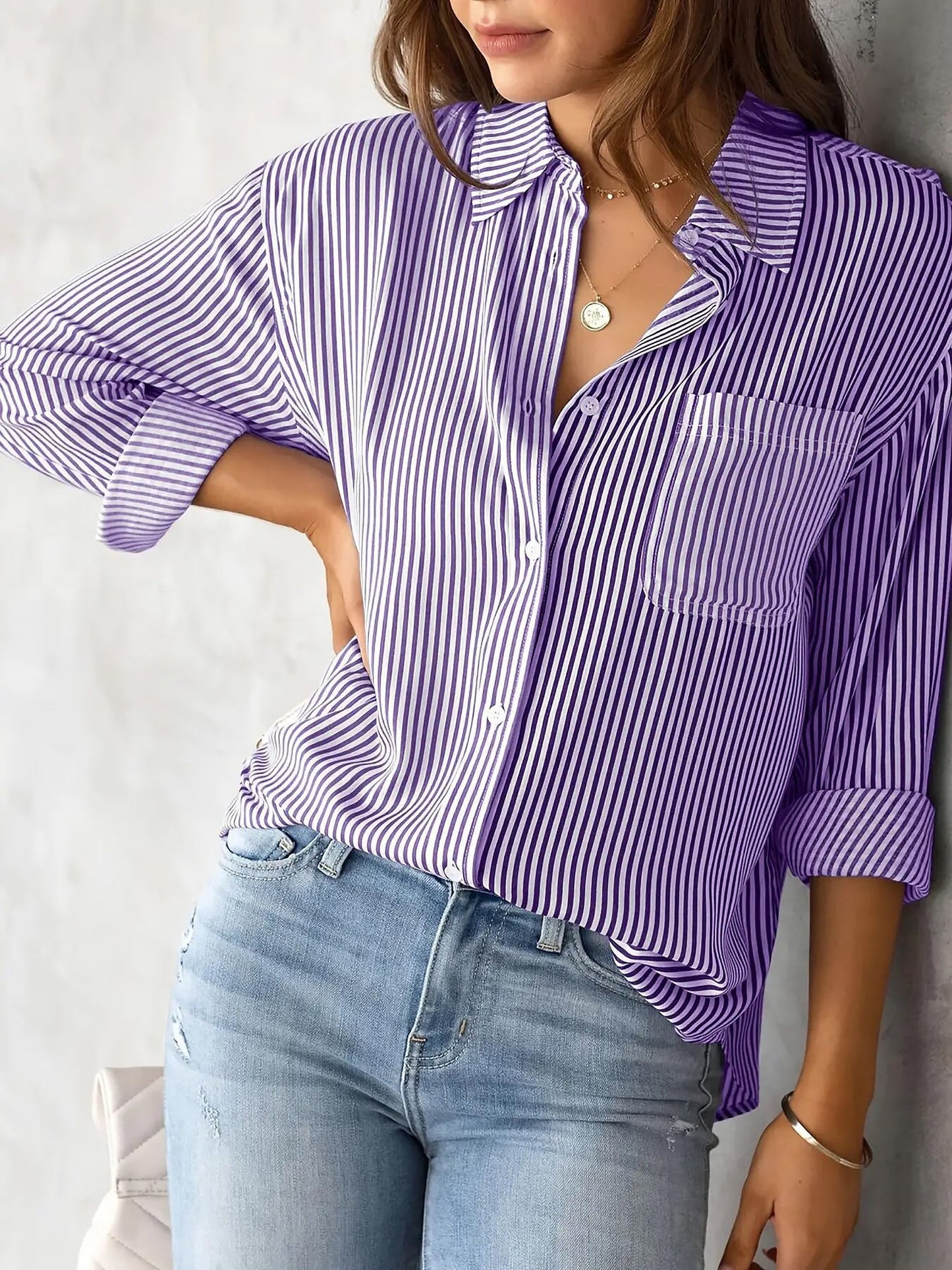 Classic Vertical Stripes Long Sleeves Buttoned Down Office Blouse