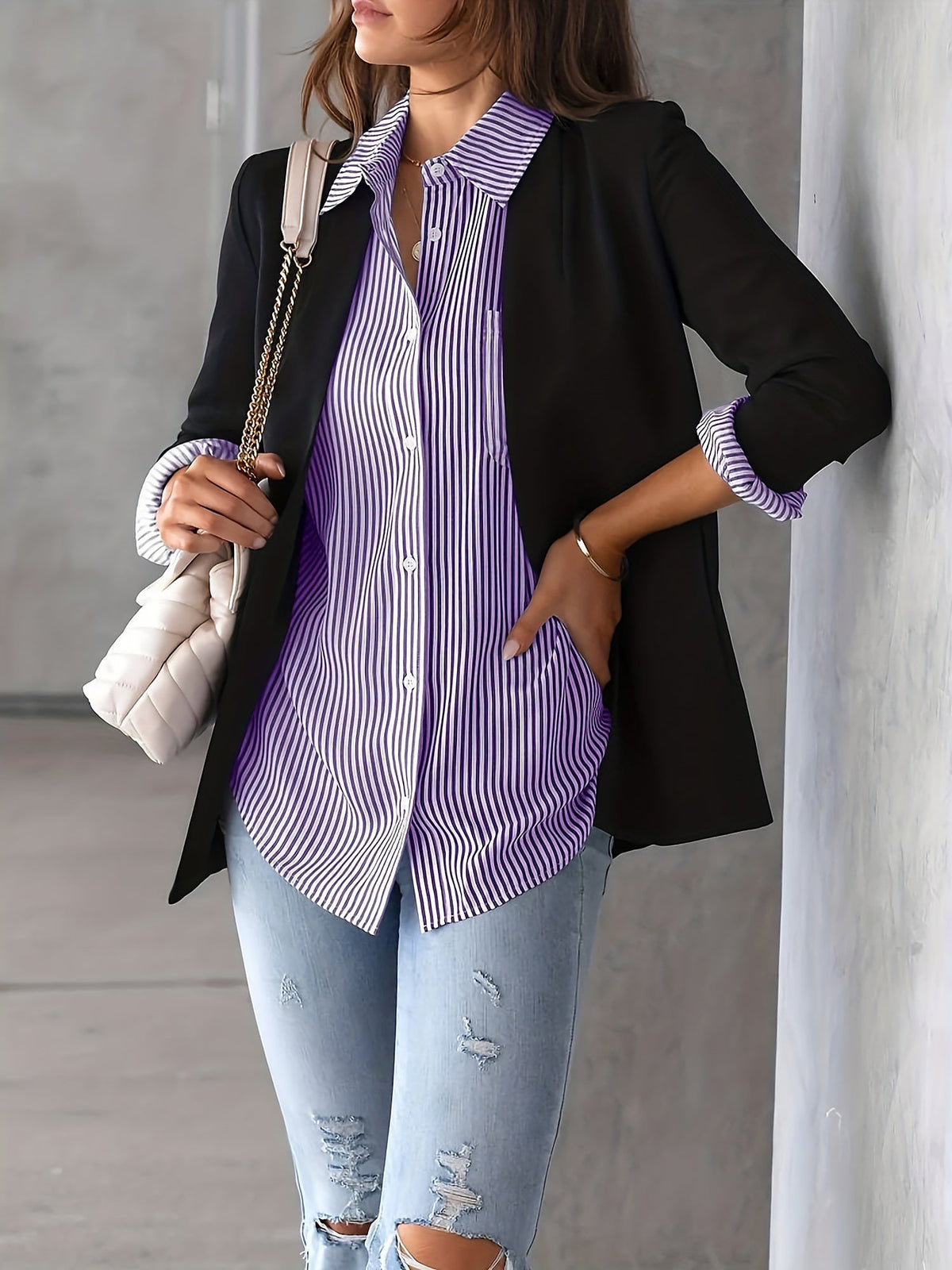Classic Vertical Stripes Long Sleeves Buttoned Down Office Blouse
