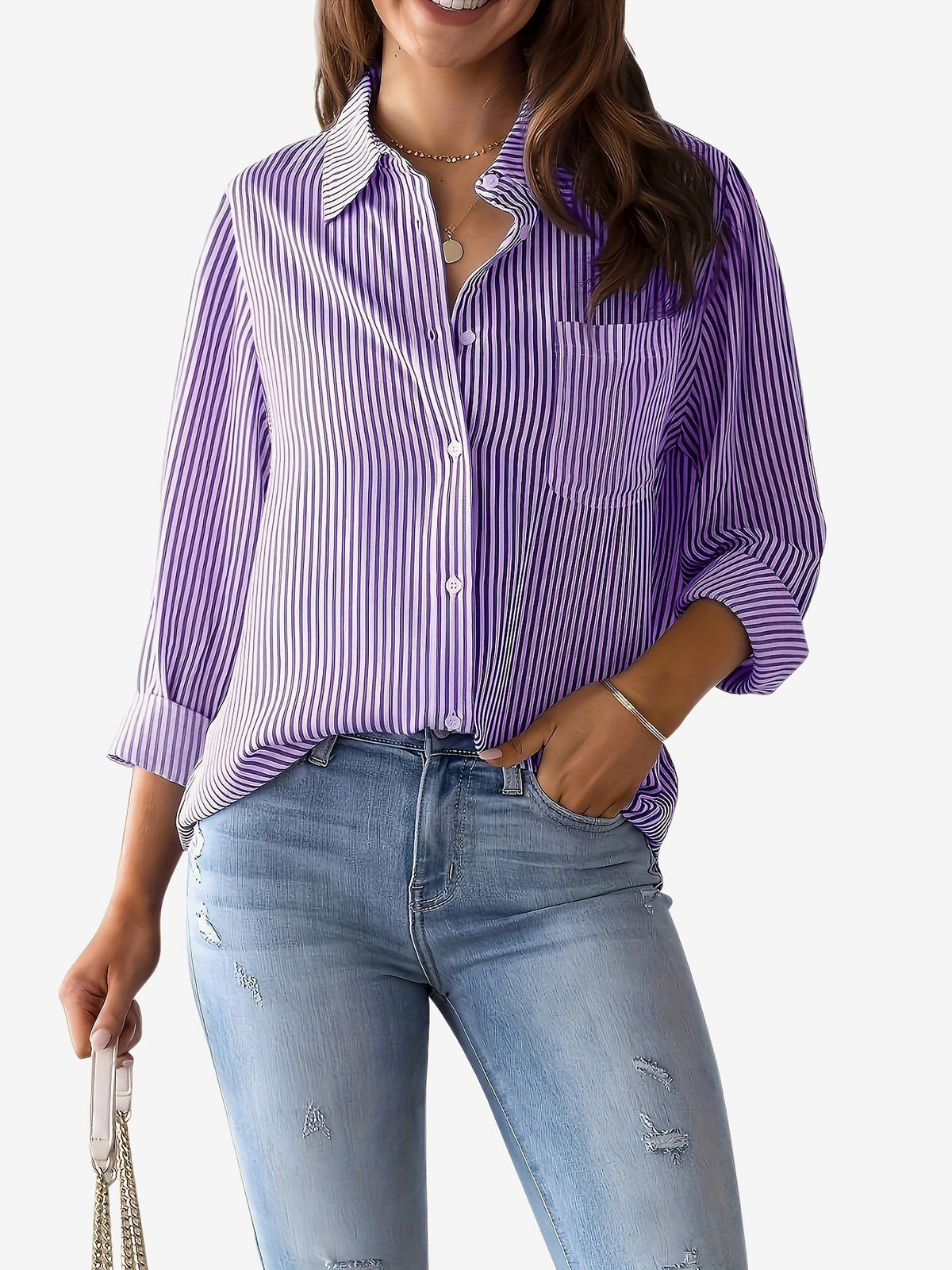 Classic Vertical Stripes Long Sleeves Buttoned Down Office Blouse