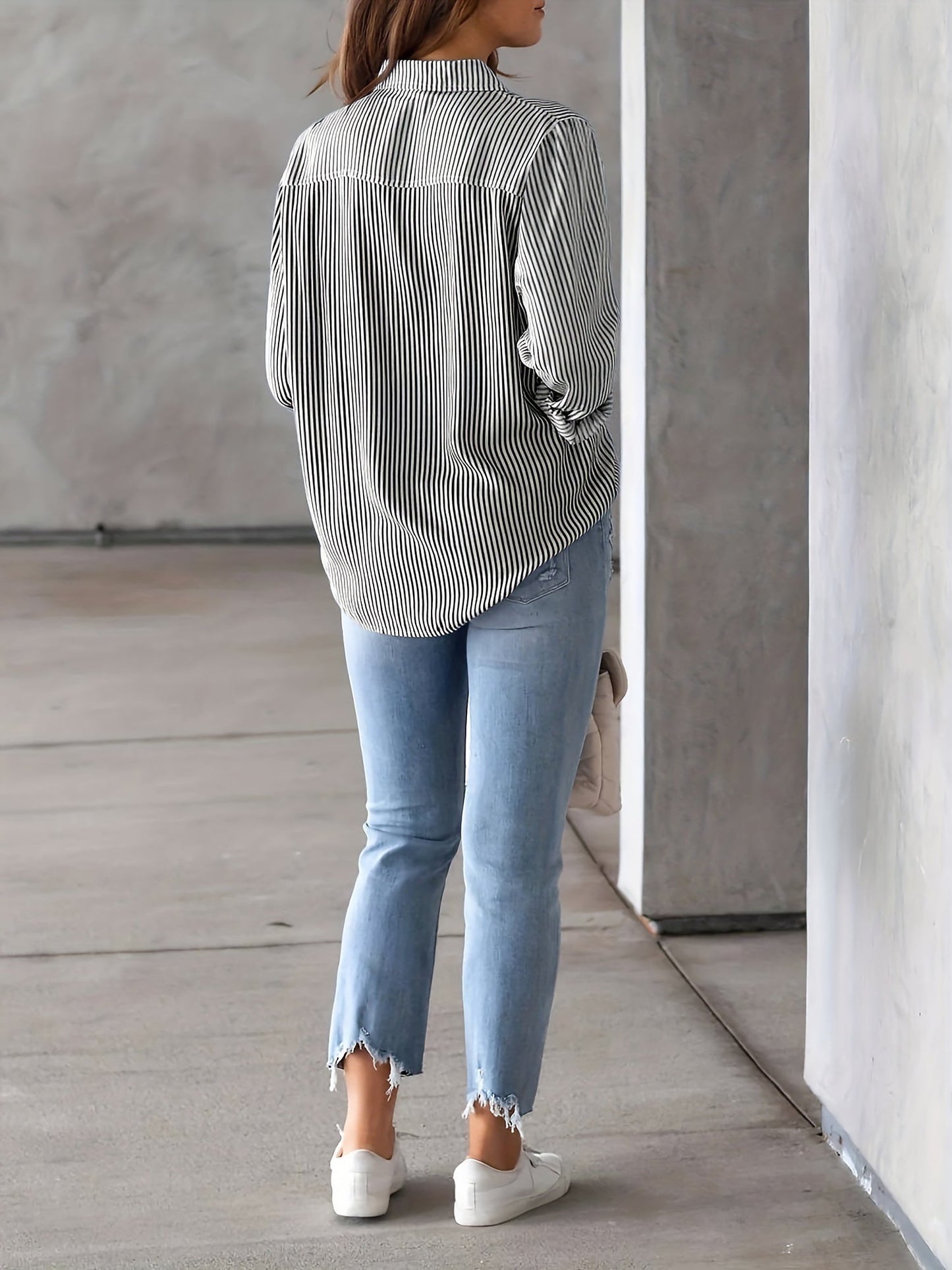 Classic Vertical Stripes Long Sleeves Buttoned Down Office Blouse