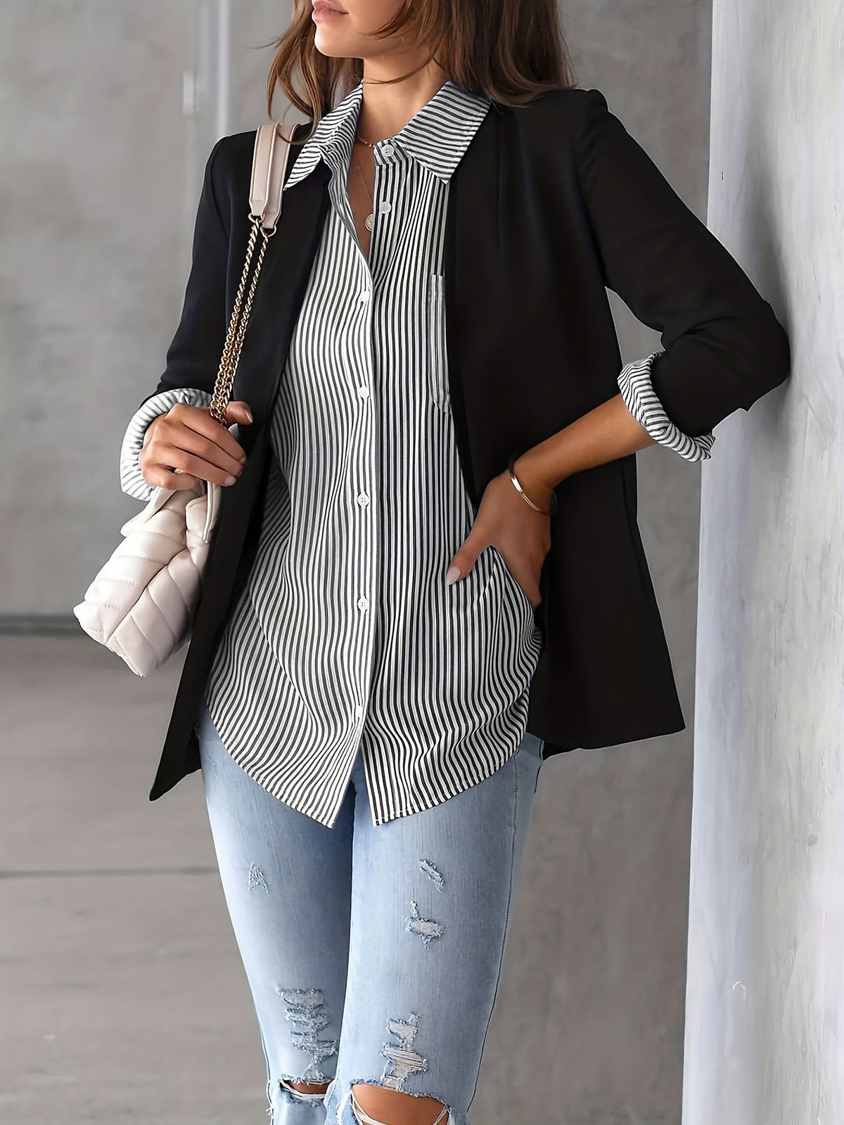 Classic Vertical Stripes Long Sleeves Buttoned Down Office Blouse