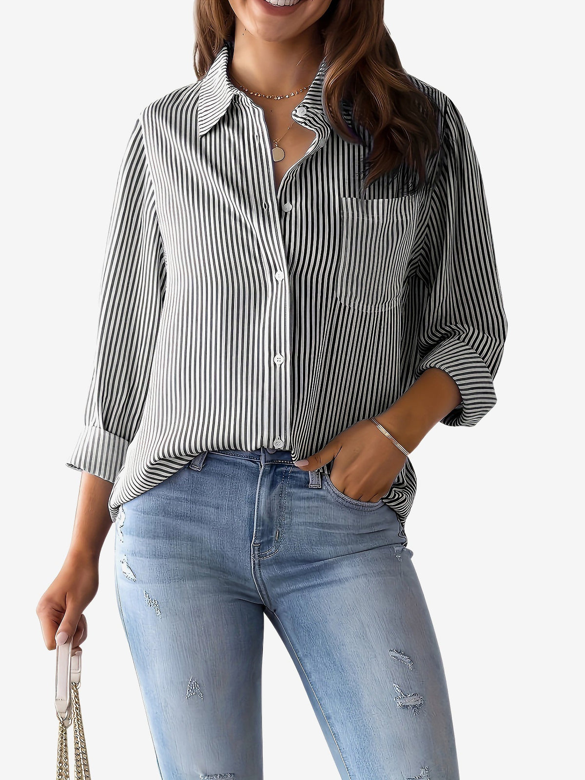 Classic Vertical Stripes Long Sleeves Buttoned Down Office Blouse
