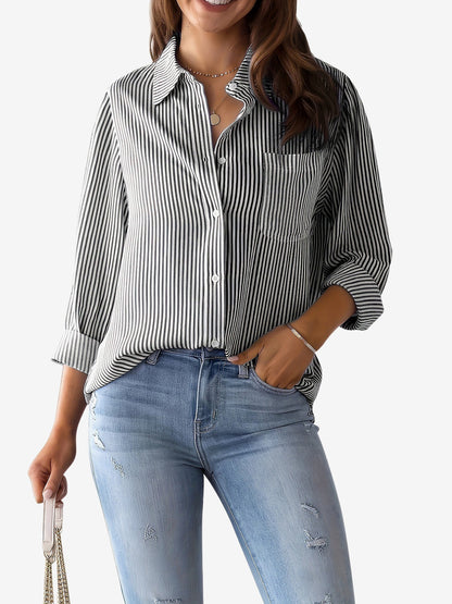 Classic Vertical Stripes Long Sleeves Buttoned Down Office Blouse