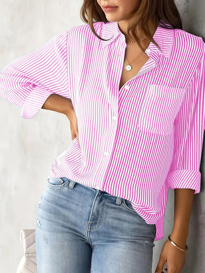 Classic Vertical Stripes Long Sleeves Buttoned Down Office Blouse