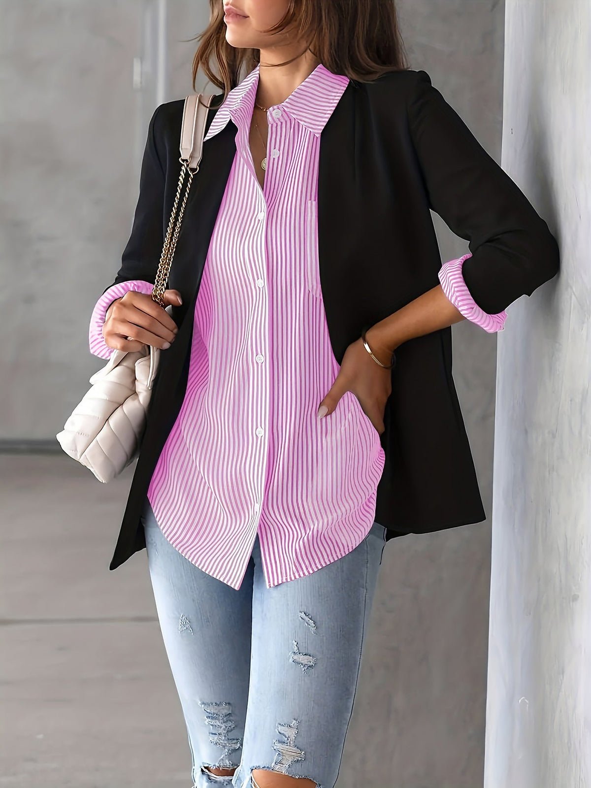 Classic Vertical Stripes Long Sleeves Buttoned Down Office Blouse