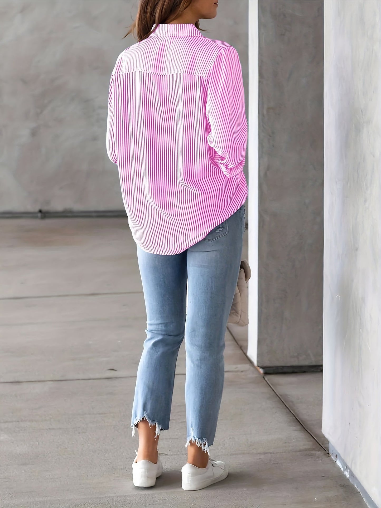 Classic Vertical Stripes Long Sleeves Buttoned Down Office Blouse