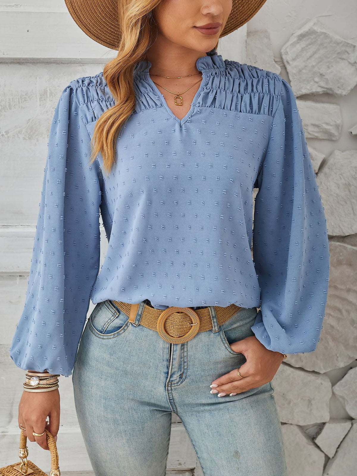 Vintage-Chic Swiss Dots Smocked Puff Long Sleeves Office Blouse