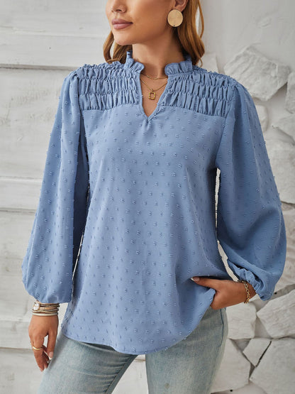 Vintage-Chic Swiss Dots Smocked Puff Long Sleeves Office Blouse