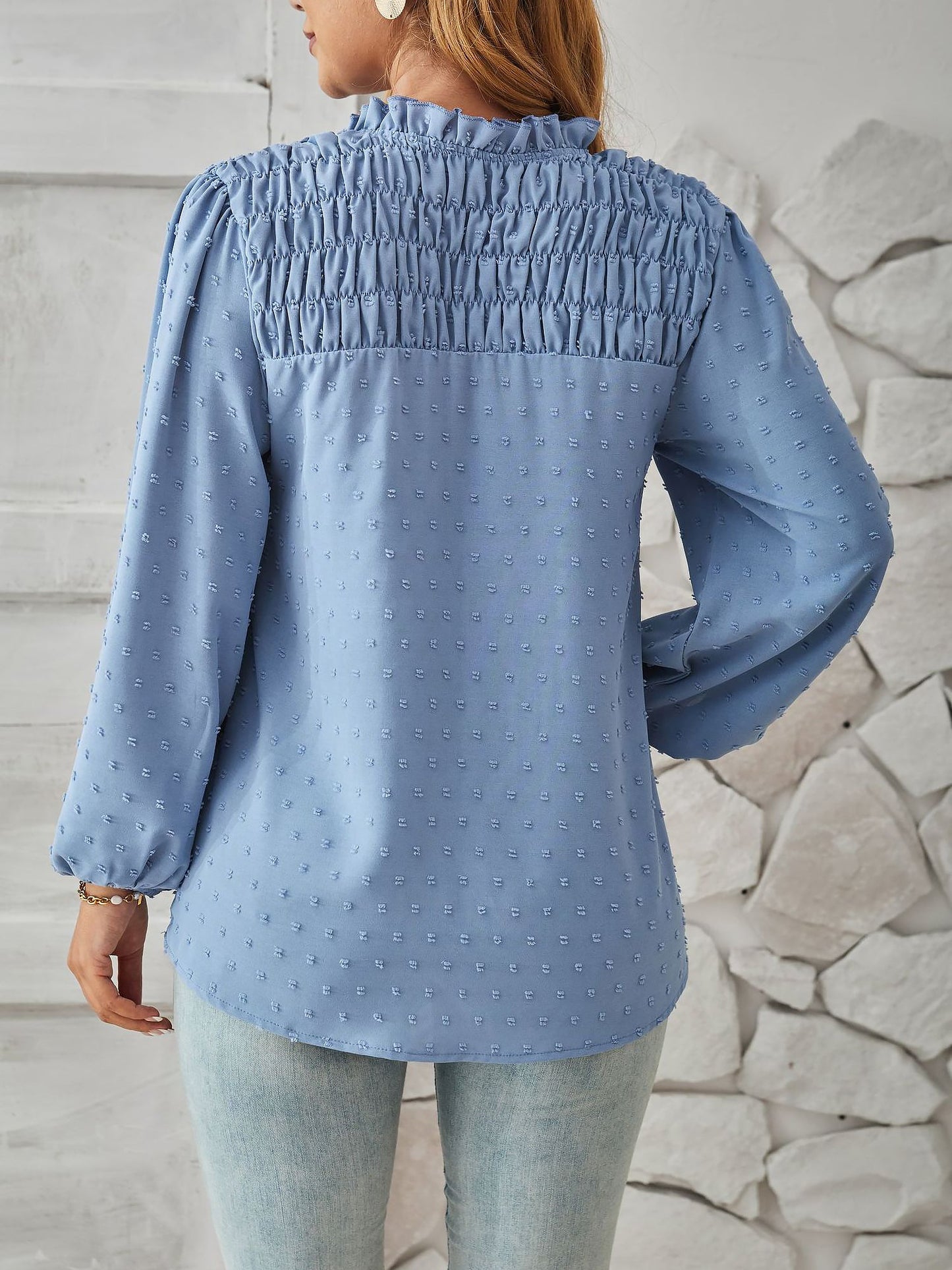 Vintage-Chic Swiss Dots Smocked Puff Long Sleeves Office Blouse