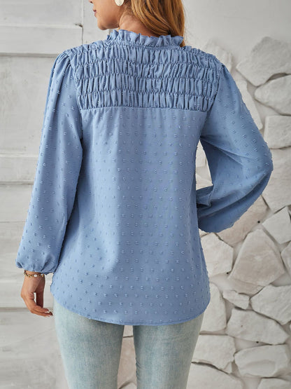 Vintage-Chic Swiss Dots Smocked Puff Long Sleeves Office Blouse