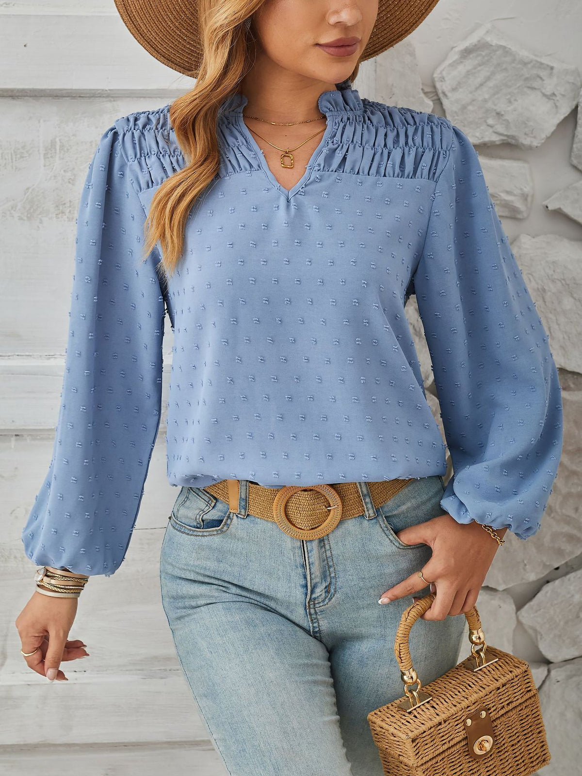 Vintage-Chic Swiss Dots Smocked Puff Long Sleeves Office Blouse