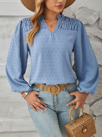 Vintage-Chic Swiss Dots Smocked Puff Long Sleeves Office Blouse