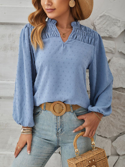 Vintage-Chic Swiss Dots Smocked Puff Long Sleeves Office Blouse