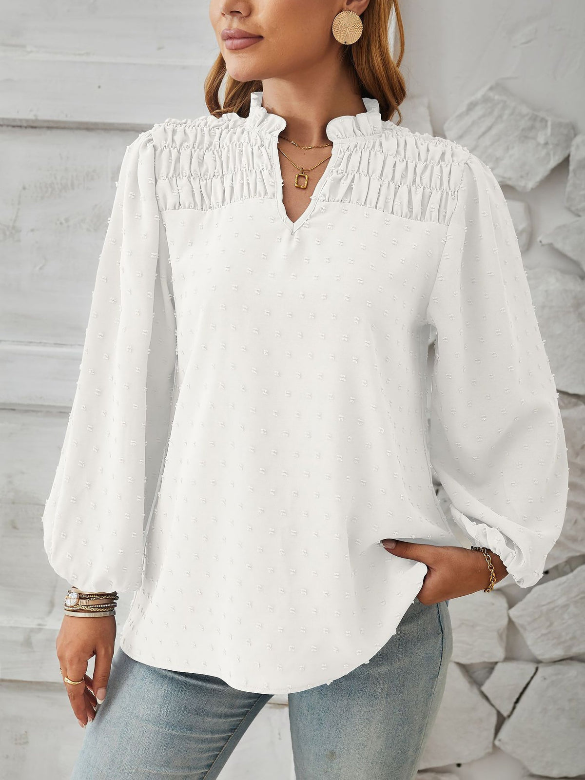 Vintage-Chic Swiss Dots Smocked Puff Long Sleeves Office Blouse