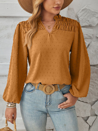 Vintage-Chic Swiss Dots Smocked Puff Long Sleeves Office Blouse
