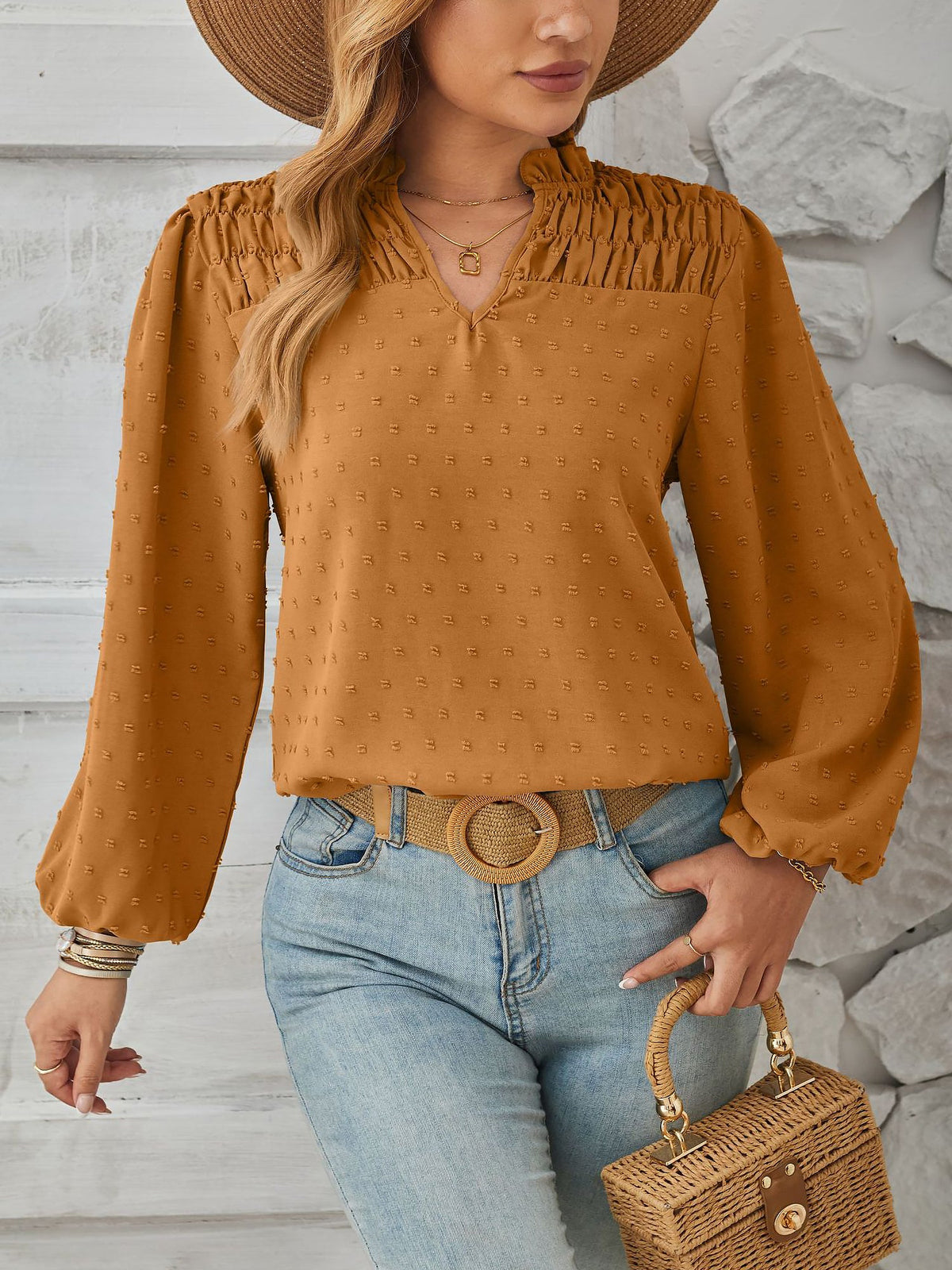 Vintage-Chic Swiss Dots Smocked Puff Long Sleeves Office Blouse